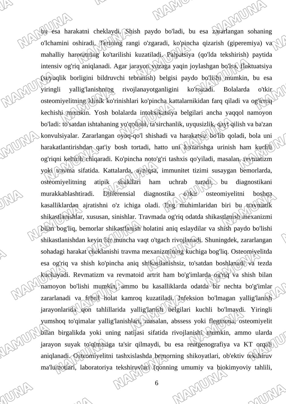 Oʻtkir osteomiyelit : tasnifi ,klinikasi va zamonaviy tekshirish usullari.Oʻtkir osteomiyelitga xos klinik belgilar — mustaqil ish, 6-varaq