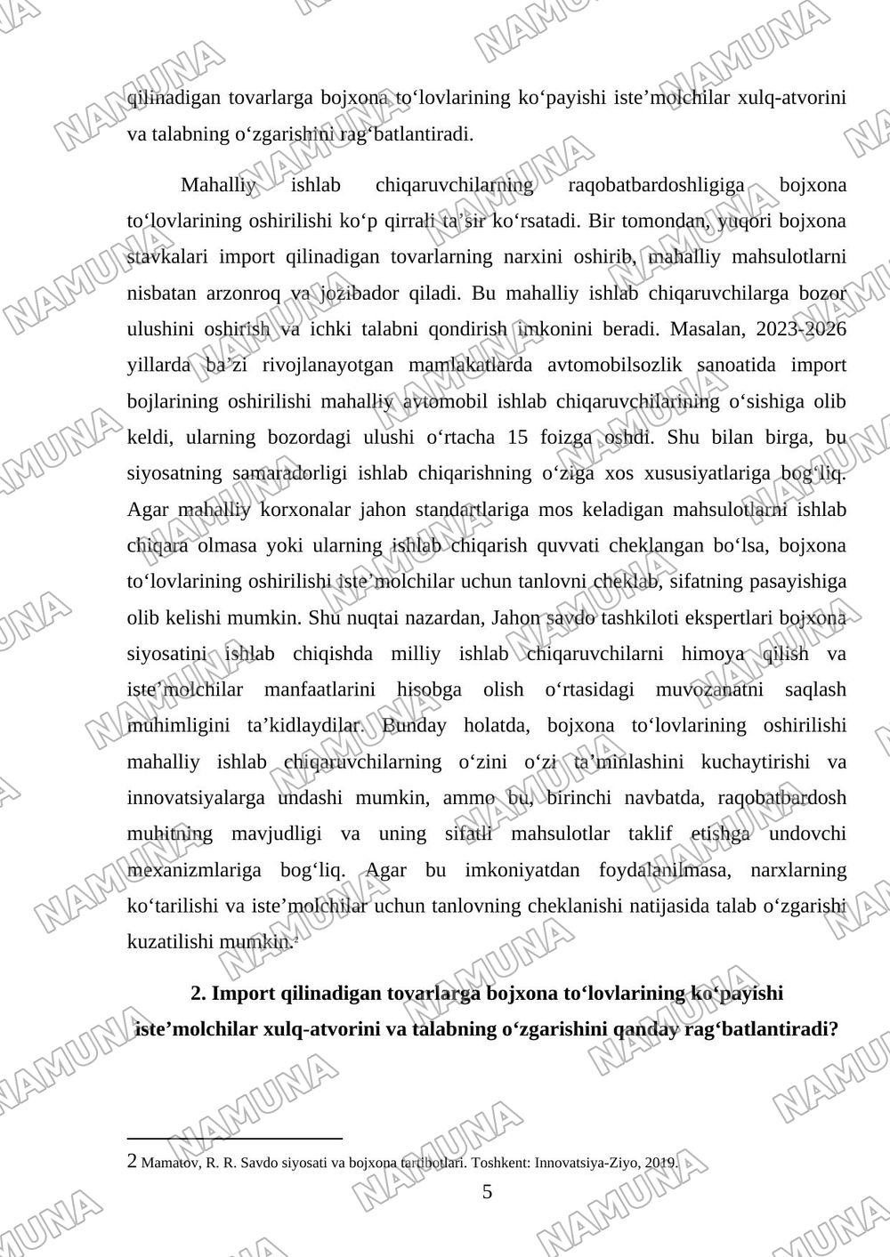 Bojxona toʻlovlarining oshirilishi ichki bozordagi muvozanatni qanday oʻzgartiradi? — mustaqil ish, 5-varaq