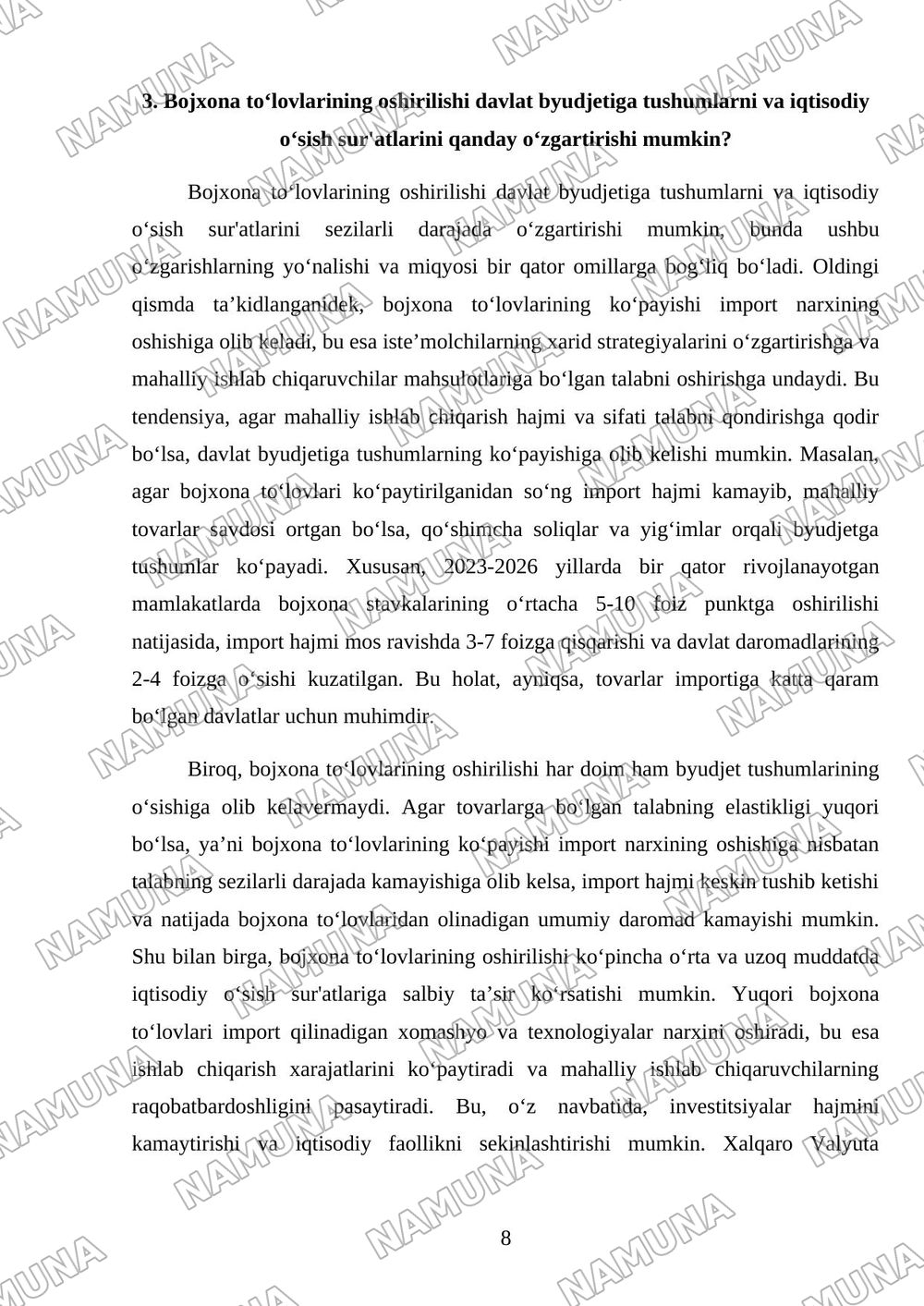 Bojxona toʻlovlarining oshirilishi ichki bozordagi muvozanatni qanday oʻzgartiradi? — mustaqil ish, 8-varaq