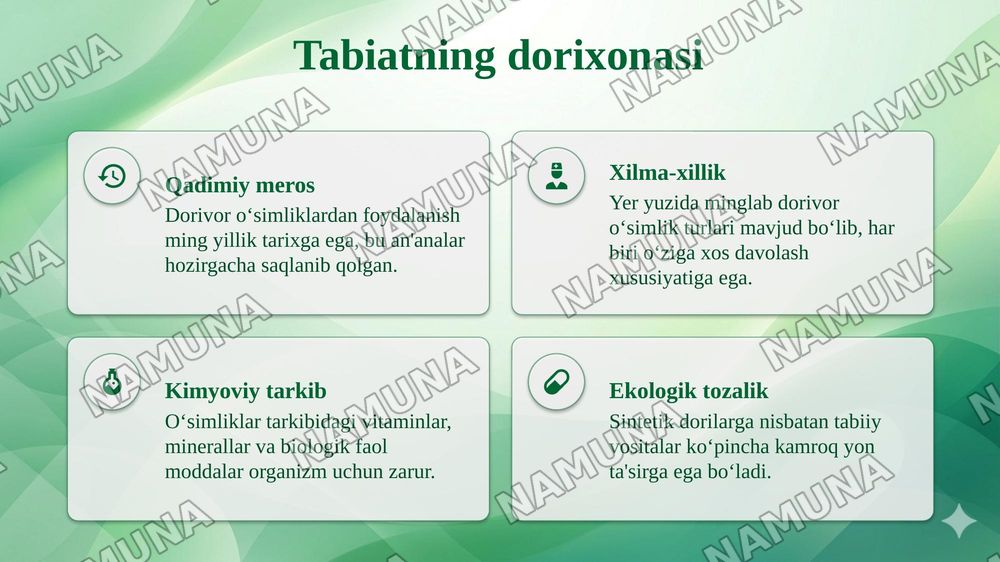 Dorivor oʻsimliklarni tibbiyotda ahamiyati — taqdimot, 4-slayd