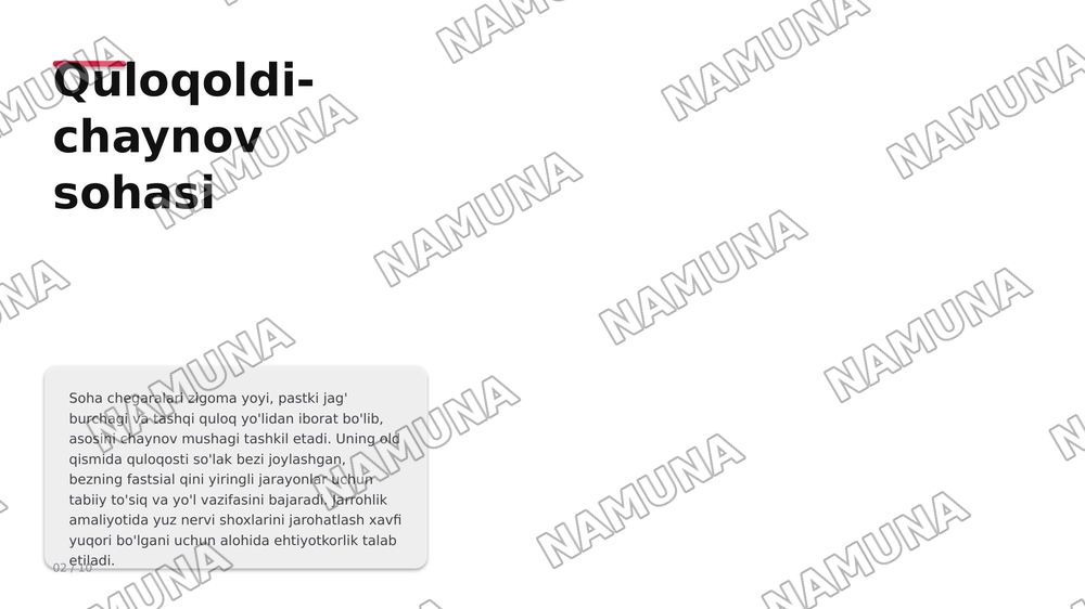 Boshning yuz qismi topografik anatomiyasi va operativ xirurgiyasi . Quloqoldi -chaynov ,lunj va yuzning chuqur sohalari , halqum atrofi va halqum orti bo’shliqlari .
Ko’z ,ko’zosti,burun,og’iz va engak sohalari.
Yuz jag’ sohasida bajariladigan og’riqsizlantirish usullari . Yuz sohasining yiringli ja — zamonaviy taqdimot, 2-slayd
