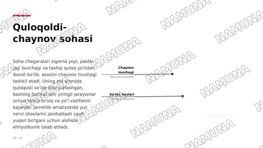Boshning yuz qismi topografik anatomiyasi va operativ xirurgiyasi . Quloqoldi -chaynov ,lunj va yuzning chuqur sohalari , halqum atrofi va halqum orti bo’shliqlari .
Ko’z ,ko’zosti,burun,og’iz va engak sohalari.
Yuz jag’ sohasida bajariladigan og’riqsizlantirish usullari . Yuz sohasining yiringli ja — zamonaviy taqdimot, 3-slayd
