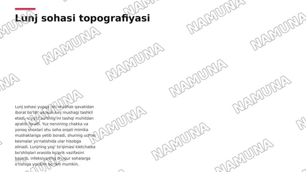 Boshning yuz qismi topografik anatomiyasi va operativ xirurgiyasi . Quloqoldi -chaynov ,lunj va yuzning chuqur sohalari , halqum atrofi va halqum orti bo’shliqlari .
Ko’z ,ko’zosti,burun,og’iz va engak sohalari.
Yuz jag’ sohasida bajariladigan og’riqsizlantirish usullari . Yuz sohasining yiringli ja — zamonaviy taqdimot, 5-slayd