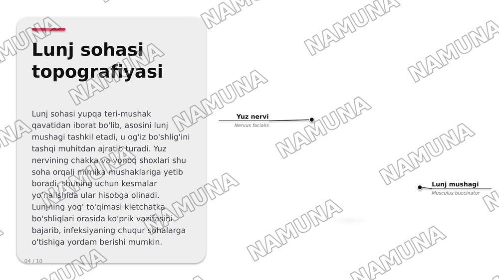 Boshning yuz qismi topografik anatomiyasi va operativ xirurgiyasi . Quloqoldi -chaynov ,lunj va yuzning chuqur sohalari , halqum atrofi va halqum orti bo’shliqlari .
Ko’z ,ko’zosti,burun,og’iz va engak sohalari.
Yuz jag’ sohasida bajariladigan og’riqsizlantirish usullari . Yuz sohasining yiringli ja — zamonaviy taqdimot, 6-slayd