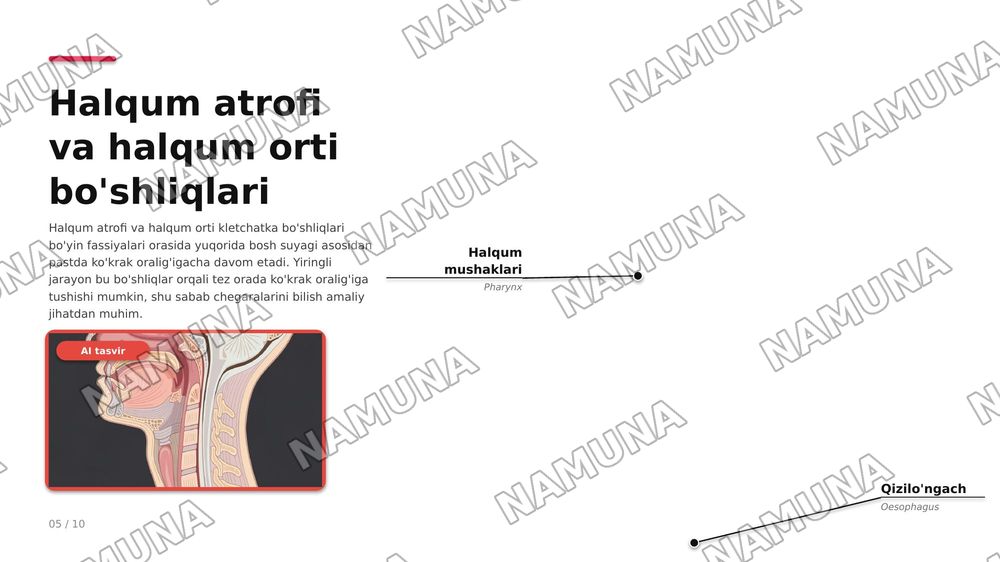 Boshning yuz qismi topografik anatomiyasi va operativ xirurgiyasi . Quloqoldi -chaynov ,lunj va yuzning chuqur sohalari , halqum atrofi va halqum orti bo’shliqlari .
Ko’z ,ko’zosti,burun,og’iz va engak sohalari.
Yuz jag’ sohasida bajariladigan og’riqsizlantirish usullari . Yuz sohasining yiringli ja — zamonaviy taqdimot, 7-slayd