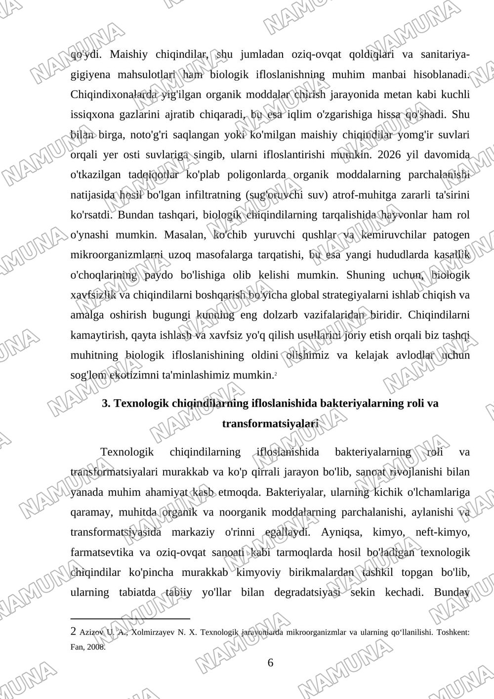 Bakteriyalarda fermentativ jarayon.Tashqi muhitni biologik va texnologik chiqindilar bilan ifloslanishi. — mustaqil ish, 6-varaq