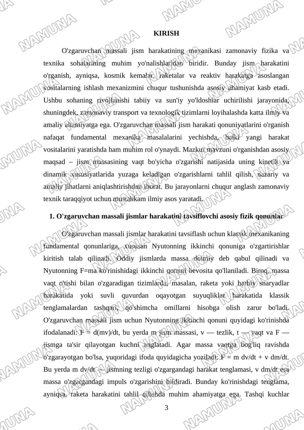 O'zgaruvchan massali jismning harakati hagida doklad qilish. (9-ma'ruza mashg'ulotigacha). Hisobot shakli - hisobot (doklad) tayyorlash. Hisobot hajm - 10-15 bet tayyorlash. — mustaqil ish, 3-varaq