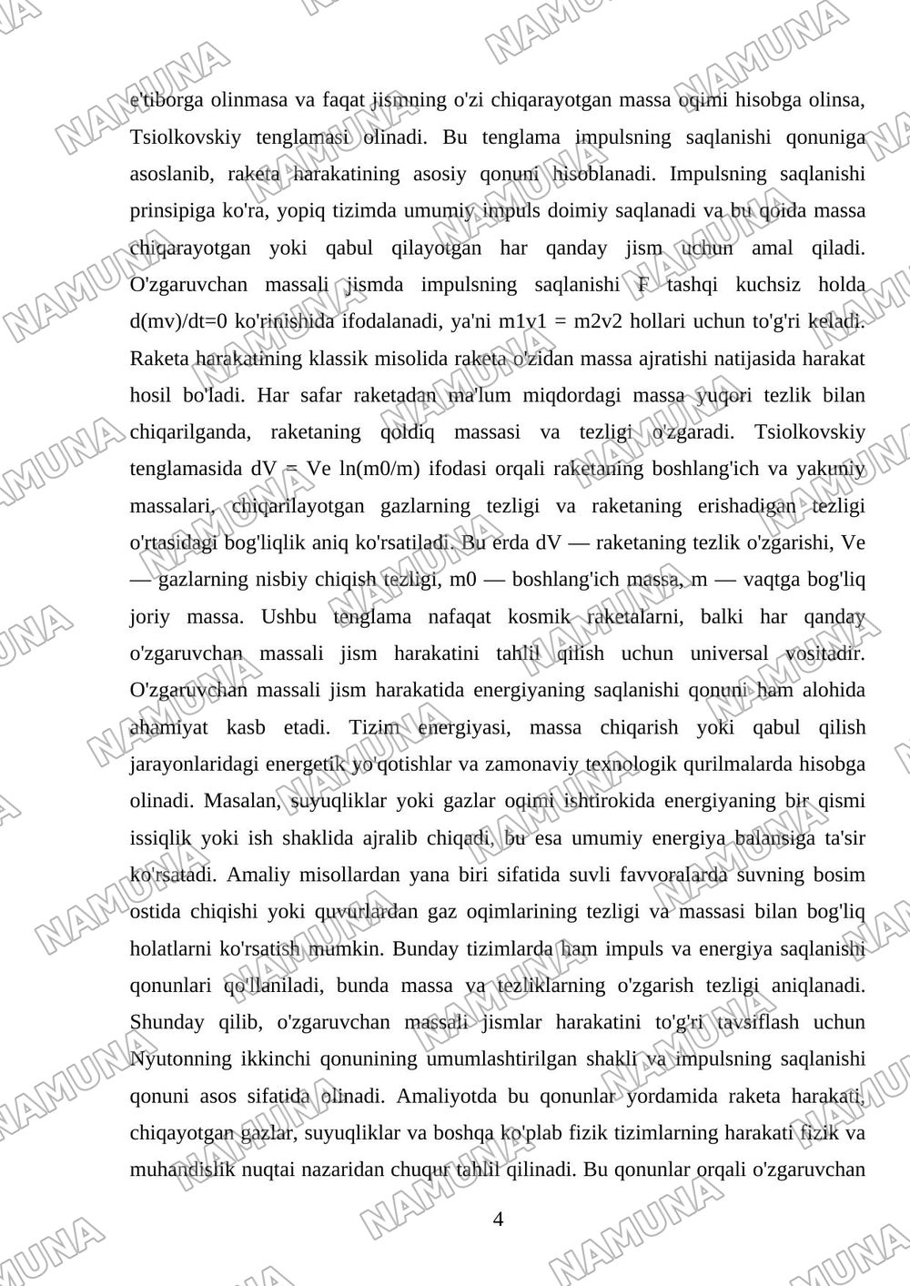 O'zgaruvchan massali jismning harakati hagida doklad qilish. (9-ma'ruza mashg'ulotigacha). Hisobot shakli - hisobot (doklad) tayyorlash. Hisobot hajm - 10-15 bet tayyorlash. — mustaqil ish, 4-varaq