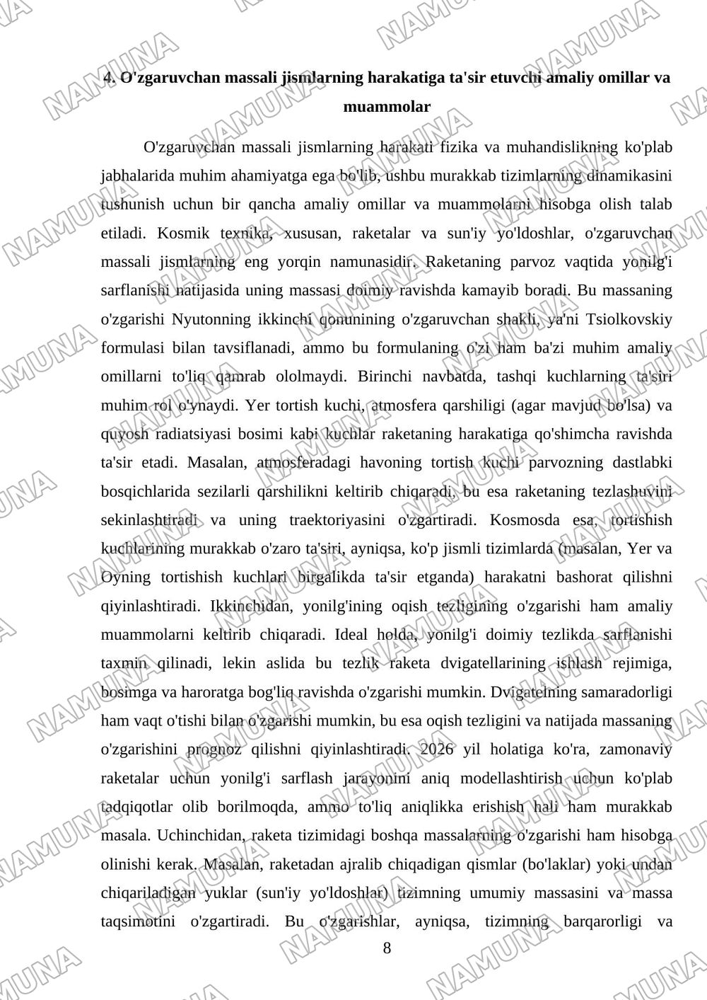 O'zgaruvchan massali jismning harakati hagida doklad qilish. (9-ma'ruza mashg'ulotigacha). Hisobot shakli - hisobot (doklad) tayyorlash. Hisobot hajm - 10-15 bet tayyorlash. — mustaqil ish, 8-varaq
