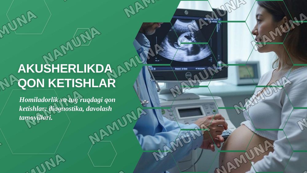 11-Mavzu. Normal joylashgan yo'ldoshning muddatidan oldin ko'chishi. Yo'ldoshning oldinda joylashishi.
Etiopatogenezi, tasnifi, klinikasi, tashxislash, davolash tamoyillari Tug'ruqda vaginal gon ketishlar: bachadon yorilishi. Tasnifi,etiologiya si va patogeneziklinikasi, tashxislash, davolash tamoyi — zamonaviy taqdimot, 1-slayd