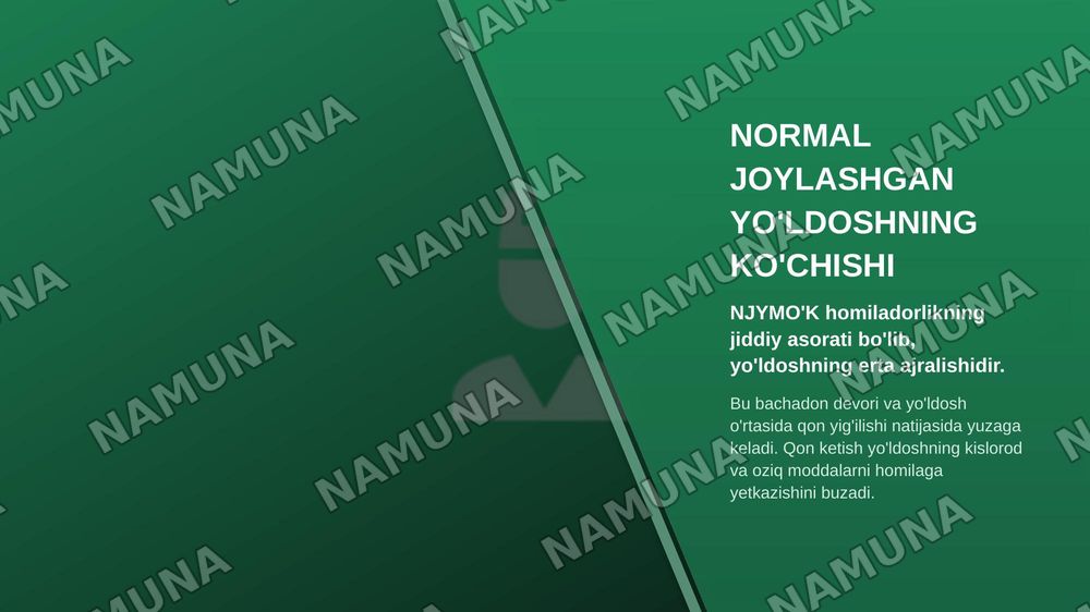 11-Mavzu. Normal joylashgan yo'ldoshning muddatidan oldin ko'chishi. Yo'ldoshning oldinda joylashishi.
Etiopatogenezi, tasnifi, klinikasi, tashxislash, davolash tamoyillari Tug'ruqda vaginal gon ketishlar: bachadon yorilishi. Tasnifi,etiologiya si va patogeneziklinikasi, tashxislash, davolash tamoyi — zamonaviy taqdimot, 4-slayd