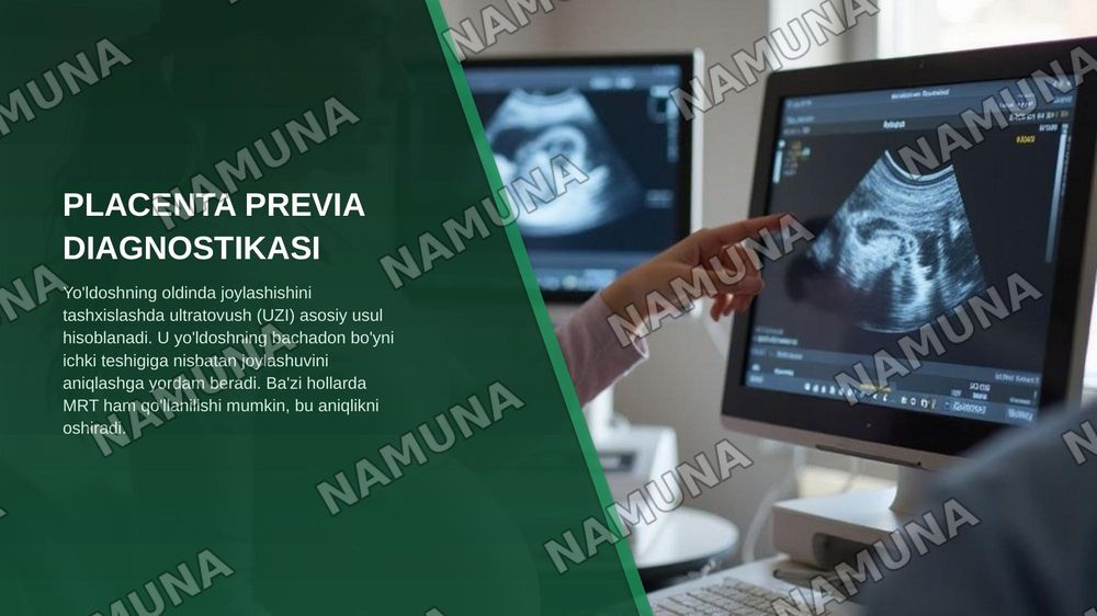 11-Mavzu. Normal joylashgan yo'ldoshning muddatidan oldin ko'chishi. Yo'ldoshning oldinda joylashishi.
Etiopatogenezi, tasnifi, klinikasi, tashxislash, davolash tamoyillari Tug'ruqda vaginal gon ketishlar: bachadon yorilishi. Tasnifi,etiologiya si va patogeneziklinikasi, tashxislash, davolash tamoyi — zamonaviy taqdimot, 7-slayd