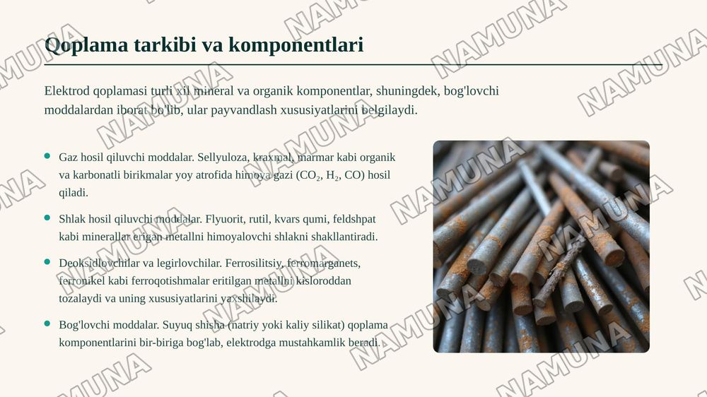 Elektrod qoplamasining vazifalari va xususiyatlari — zamonaviy taqdimot, 6-slayd