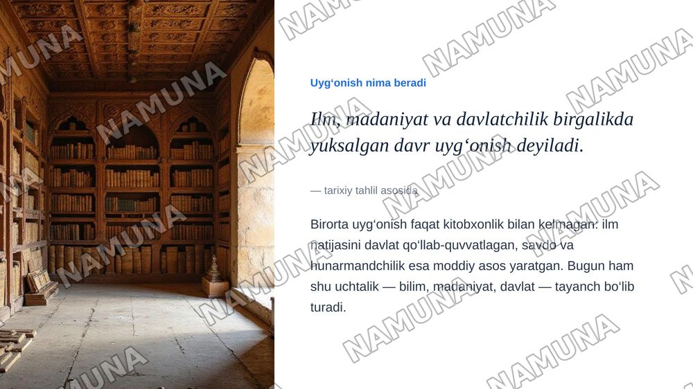 Mavzu: Yangi O‘zbekiston — Uchinchi Renessans

Reja:

1\. Konsepsiyaning nazariy-tarixiy asoslari.

a) «Yangi O‘zbekiston» va «Uchinchi Renessans» tushunchalari: mohiyati, falsafasi va milliy g‘oyasi.

b) Tarixiy vorisiylik.

c) Birinchi Sharq Uyg‘onish davri (IX–XII asrlar): Al-Xorazmiy, Al-Farg‘on — zamonaviy taqdimot, 4-slayd