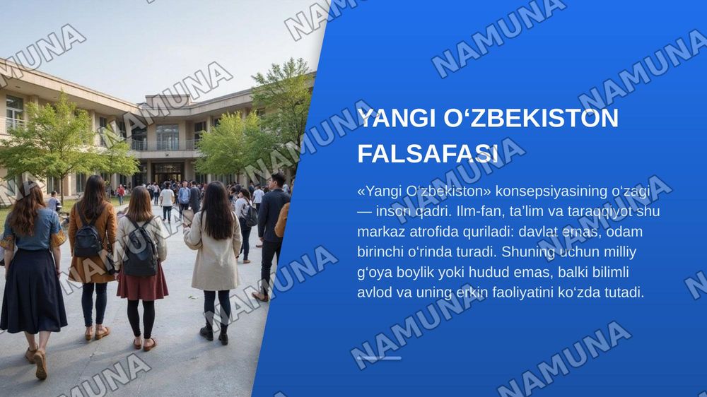 Mavzu: Yangi O‘zbekiston — Uchinchi Renessans

Reja:

1\. Konsepsiyaning nazariy-tarixiy asoslari.

a) «Yangi O‘zbekiston» va «Uchinchi Renessans» tushunchalari: mohiyati, falsafasi va milliy g‘oyasi.

b) Tarixiy vorisiylik.

c) Birinchi Sharq Uyg‘onish davri (IX–XII asrlar): Al-Xorazmiy, Al-Farg‘on — zamonaviy taqdimot, 5-slayd