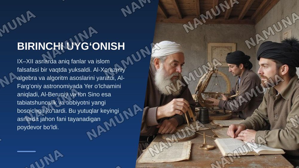Mavzu: Yangi O‘zbekiston — Uchinchi Renessans

Reja:

1\. Konsepsiyaning nazariy-tarixiy asoslari.

a) «Yangi O‘zbekiston» va «Uchinchi Renessans» tushunchalari: mohiyati, falsafasi va milliy g‘oyasi.

b) Tarixiy vorisiylik.

c) Birinchi Sharq Uyg‘onish davri (IX–XII asrlar): Al-Xorazmiy, Al-Farg‘on — zamonaviy taqdimot, 7-slayd