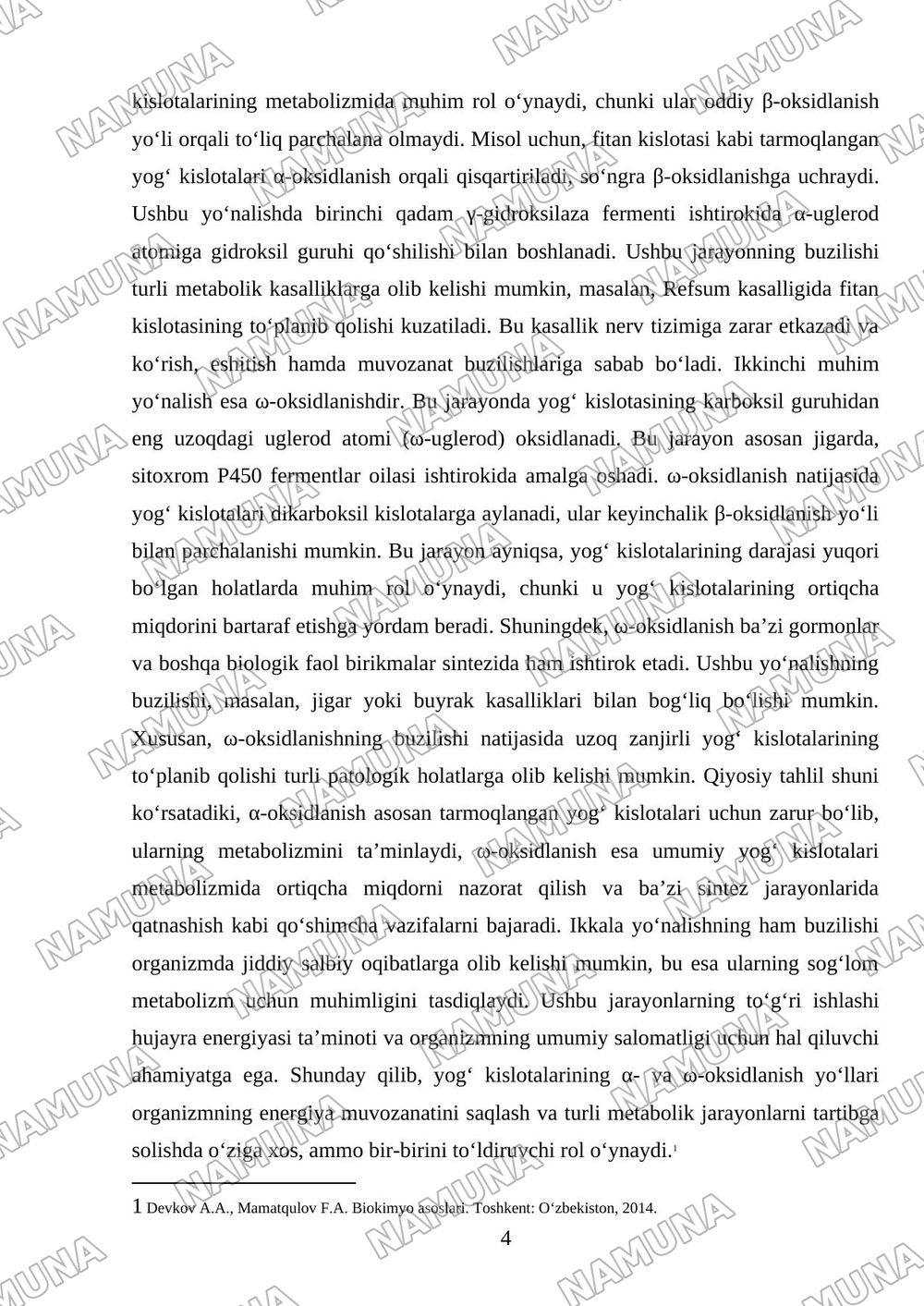 Yog‘ kislotalarining α-oksidlanishi, ahamiyati, buzilishlari. Yog‘ kislotalarining ω-oksidlanishi, ahamiyati, buzilishlari. — mustaqil ish, 4-varaq