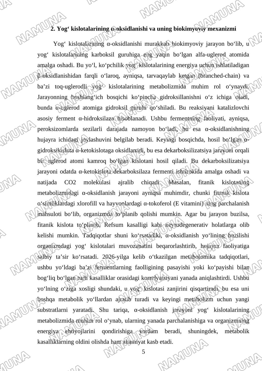 Yog‘ kislotalarining α-oksidlanishi, ahamiyati, buzilishlari. Yog‘ kislotalarining ω-oksidlanishi, ahamiyati, buzilishlari. — mustaqil ish, 5-varaq