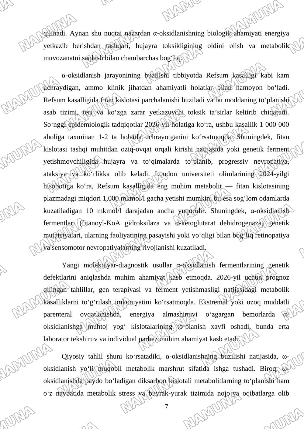 Yog‘ kislotalarining α-oksidlanishi, ahamiyati, buzilishlari. Yog‘ kislotalarining ω-oksidlanishi, ahamiyati, buzilishlari. — mustaqil ish, 7-varaq