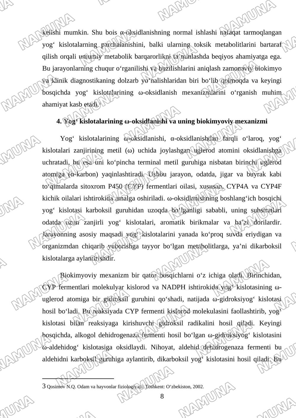 Yog‘ kislotalarining α-oksidlanishi, ahamiyati, buzilishlari. Yog‘ kislotalarining ω-oksidlanishi, ahamiyati, buzilishlari. — mustaqil ish, 8-varaq