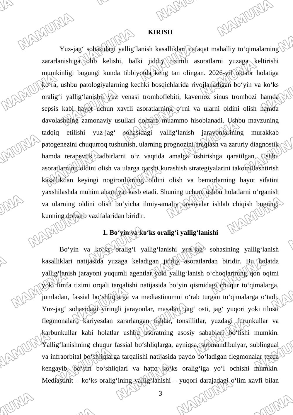 Yuz-jag‘ sohasining yallig‘lanish kasalliklari asoratlari: bo‘yin va ko‘ks oralig‘i yallig‘lanishi, yuz venasi tromboflebiti, kavernoz sinus trombozi va sepsis. — referat, 3-varaq