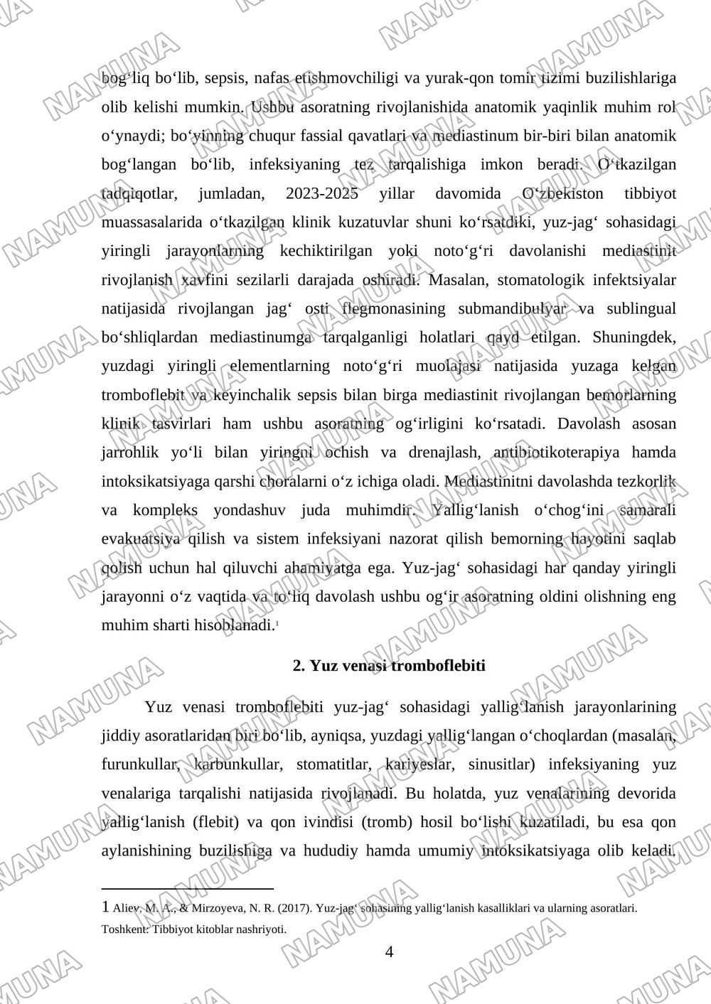 Yuz-jag‘ sohasining yallig‘lanish kasalliklari asoratlari: bo‘yin va ko‘ks oralig‘i yallig‘lanishi, yuz venasi tromboflebiti, kavernoz sinus trombozi va sepsis. — referat, 4-varaq