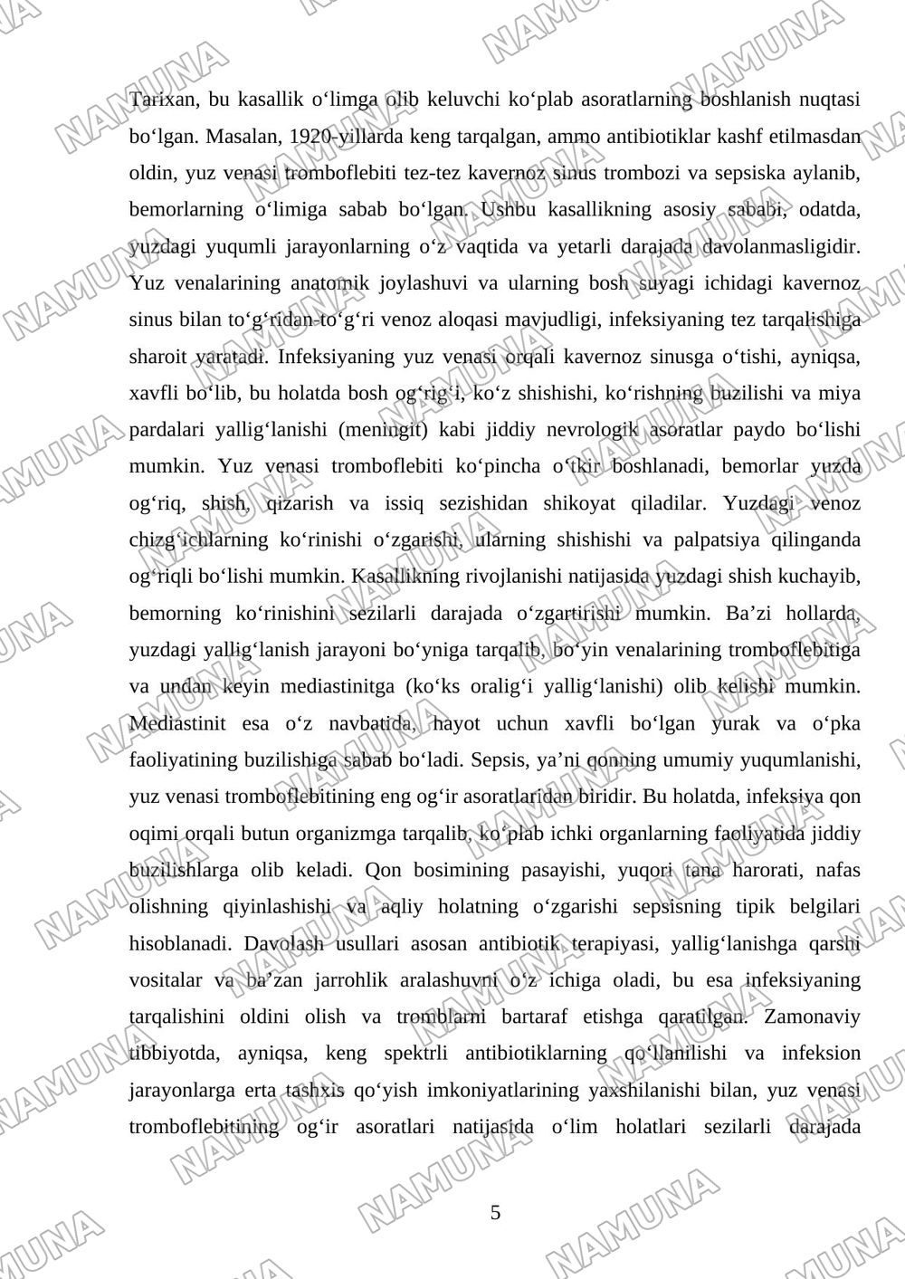Yuz-jag‘ sohasining yallig‘lanish kasalliklari asoratlari: bo‘yin va ko‘ks oralig‘i yallig‘lanishi, yuz venasi tromboflebiti, kavernoz sinus trombozi va sepsis. — referat, 5-varaq