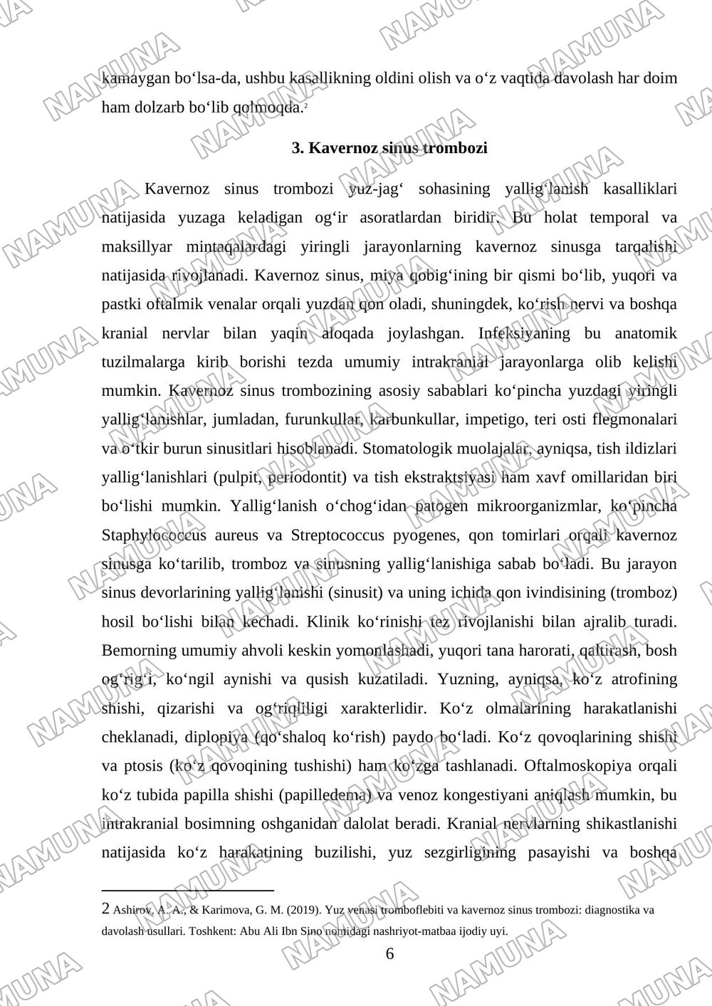 Yuz-jag‘ sohasining yallig‘lanish kasalliklari asoratlari: bo‘yin va ko‘ks oralig‘i yallig‘lanishi, yuz venasi tromboflebiti, kavernoz sinus trombozi va sepsis. — referat, 6-varaq