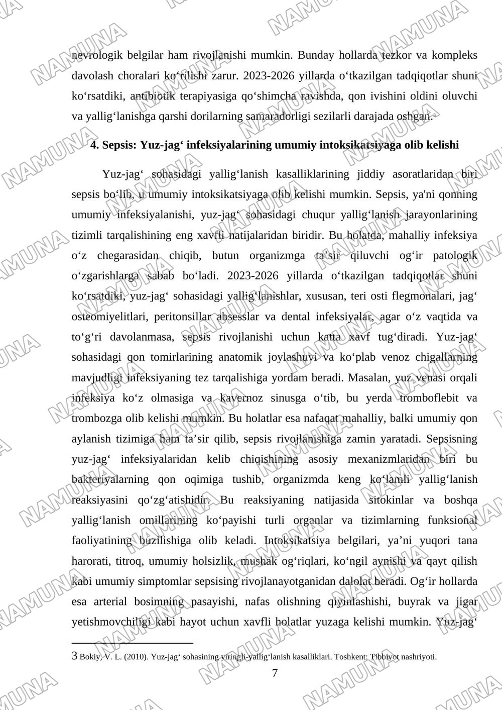 Yuz-jag‘ sohasining yallig‘lanish kasalliklari asoratlari: bo‘yin va ko‘ks oralig‘i yallig‘lanishi, yuz venasi tromboflebiti, kavernoz sinus trombozi va sepsis. — referat, 7-varaq