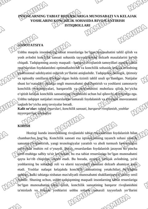Insonlarning tabiat resurslariga munosabati va kelajak yoshlarini konchilik sohasida rivojlantirish istiqbollari — maqola