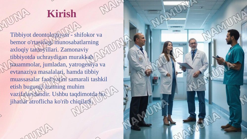 Tibbiyot deontologiyasi asoslari. Hozirgi zamon tibbiyotida yatrogeniya, evtanaziya muammolari. Klinika faoliyati bilan tanishish. Tibbiy hujjatlarni yurgizish qoidalari. Davolash muassasalari faoliyatini tashkil etish. Navbatchilikni topshirish va qabul qilish. — taqdimot, 3-slayd