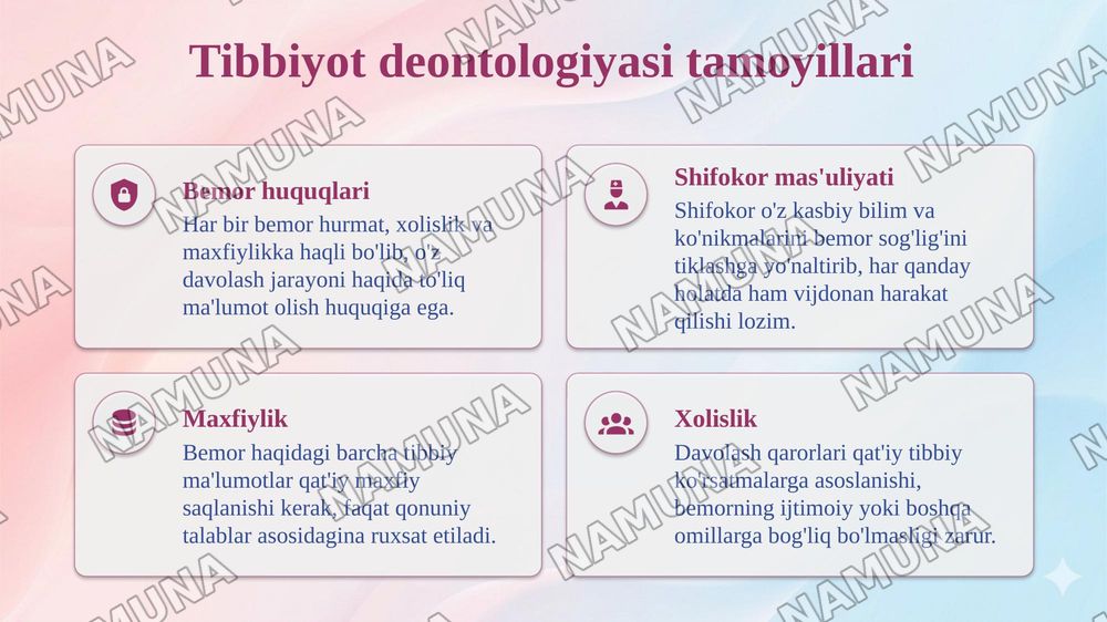 Tibbiyot deontologiyasi asoslari. Hozirgi zamon tibbiyotida yatrogeniya, evtanaziya muammolari. Klinika faoliyati bilan tanishish. Tibbiy hujjatlarni yurgizish qoidalari. Davolash muassasalari faoliyatini tashkil etish. Navbatchilikni topshirish va qabul qilish. — taqdimot, 4-slayd