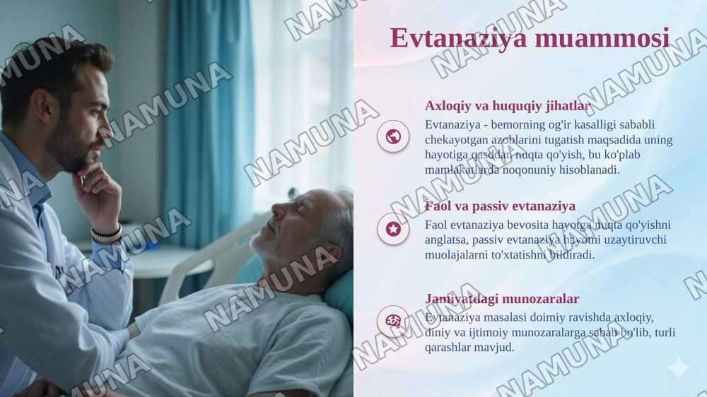 Tibbiyot deontologiyasi asoslari. Hozirgi zamon tibbiyotida yatrogeniya, evtanaziya muammolari. Klinika faoliyati bilan tanishish. Tibbiy hujjatlarni yurgizish qoidalari. Davolash muassasalari faoliyatini tashkil etish. Navbatchilikni topshirish va qabul qilish. — taqdimot, 6-slayd
