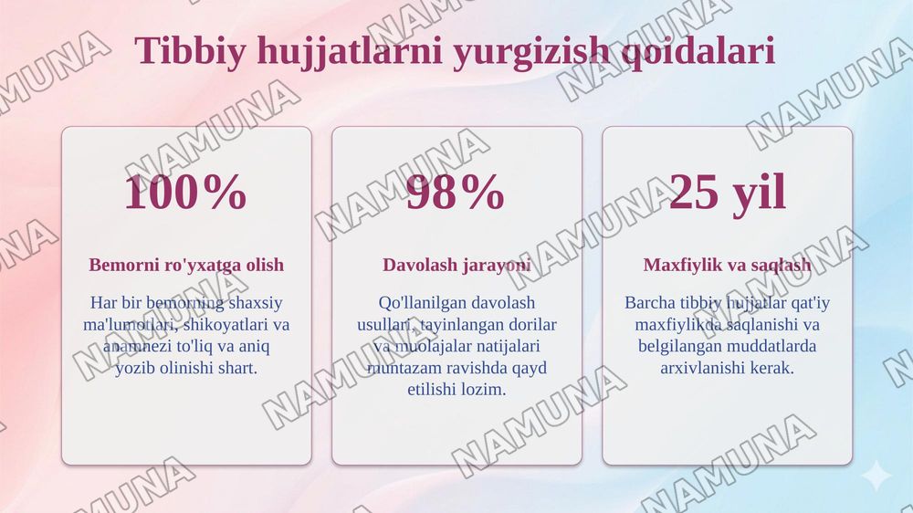 Tibbiyot deontologiyasi asoslari. Hozirgi zamon tibbiyotida yatrogeniya, evtanaziya muammolari. Klinika faoliyati bilan tanishish. Tibbiy hujjatlarni yurgizish qoidalari. Davolash muassasalari faoliyatini tashkil etish. Navbatchilikni topshirish va qabul qilish. — taqdimot, 8-slayd
