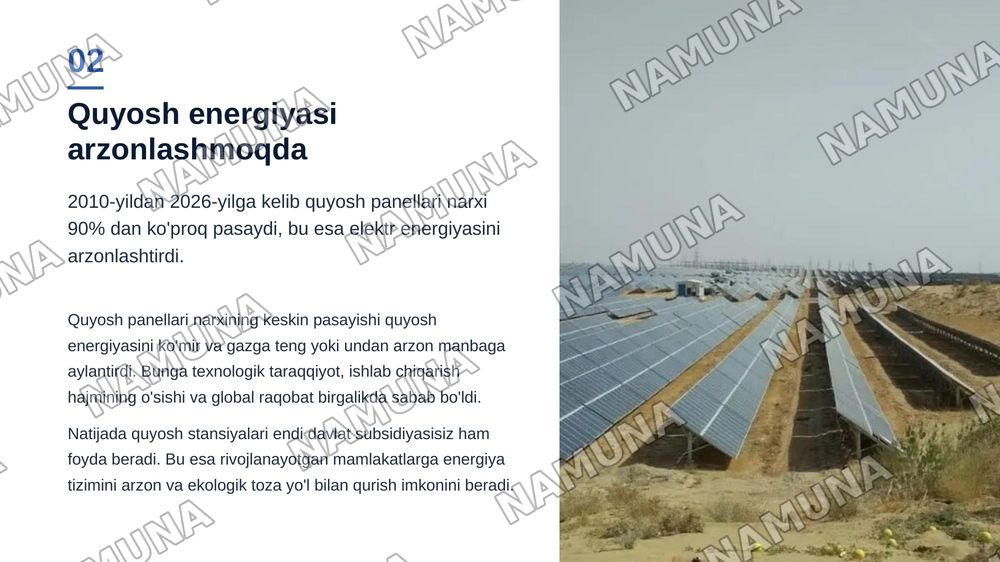 Quyosh energetikasi iqtisodiyoti: elektr energiyasining nisbiy qiymati (LCOE) va xarajatlarning pasayishi — zamonaviy taqdimot, 3-slayd