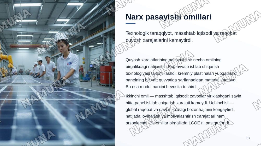Quyosh energetikasi iqtisodiyoti: elektr energiyasining nisbiy qiymati (LCOE) va xarajatlarning pasayishi — zamonaviy taqdimot, 8-slayd
