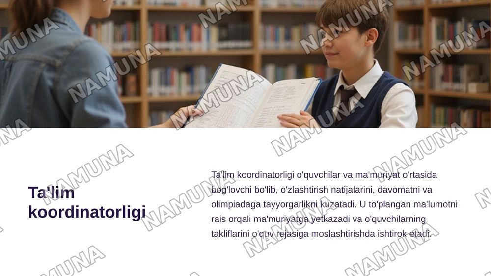 Umumiy orta talim Maktablarida  O'quvchilar kengashi  tuzilmasidagi Talim kordinatorligi maqsad va vazifalari — zamonaviy taqdimot, 5-slayd