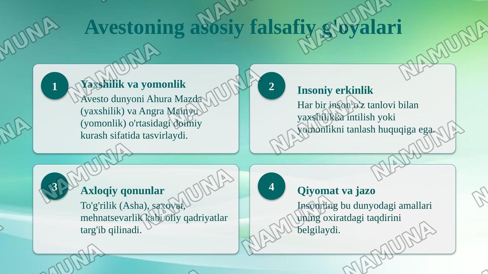 Avesto Markaziy Osiyo xalqlarining qadimgi falsafiy sarchashmasi — taqdimot, 5-slayd