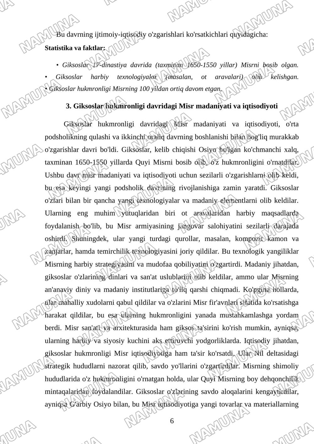 O'rta podsholik va Misr giksoslar hukmronligi davrida Qadimgi Misr — mustaqil ish, 6-varaq