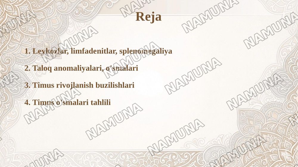 Leykozlar. Limfadenitlar. Splenomegaliya. Taloqning tug’ma anomaliyalari va o’smalari. Timusning rivojlanish buzilishlari. Timus o’smasi. — taqdimot, 2-slayd