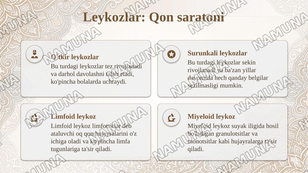 Leykozlar. Limfadenitlar. Splenomegaliya. Taloqning tug’ma anomaliyalari va o’smalari. Timusning rivojlanish buzilishlari. Timus o’smasi. — taqdimot, 4-slayd