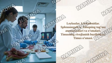 Leykozlar. Limfadenitlar. Splenomegaliya. Taloqning tug’ma anomaliyalari va o’smalari. Timusning rivojlanish buzilishlari. Timus o’smasi. — taqdimot