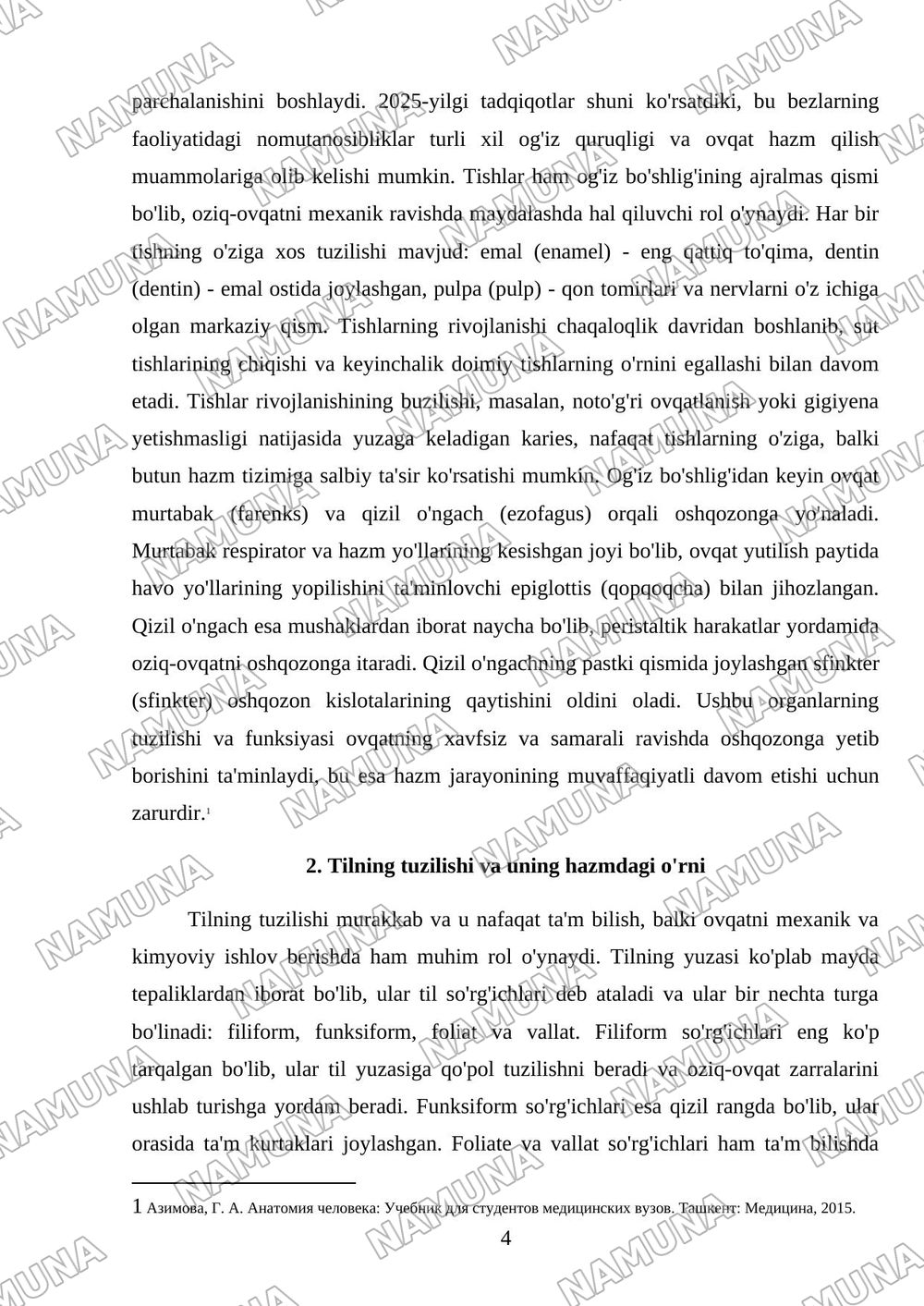 Хазм тизими . Оғиз бўшлиғи . Тил тузилиши сўрғичлари. Сўлак безлари таснифи , тузилиши .Тишлар. Тиш тузилиши ва тараққиёти . Муртак ва қизилўнгач тузилиши. — mustaqil ish, 4-varaq