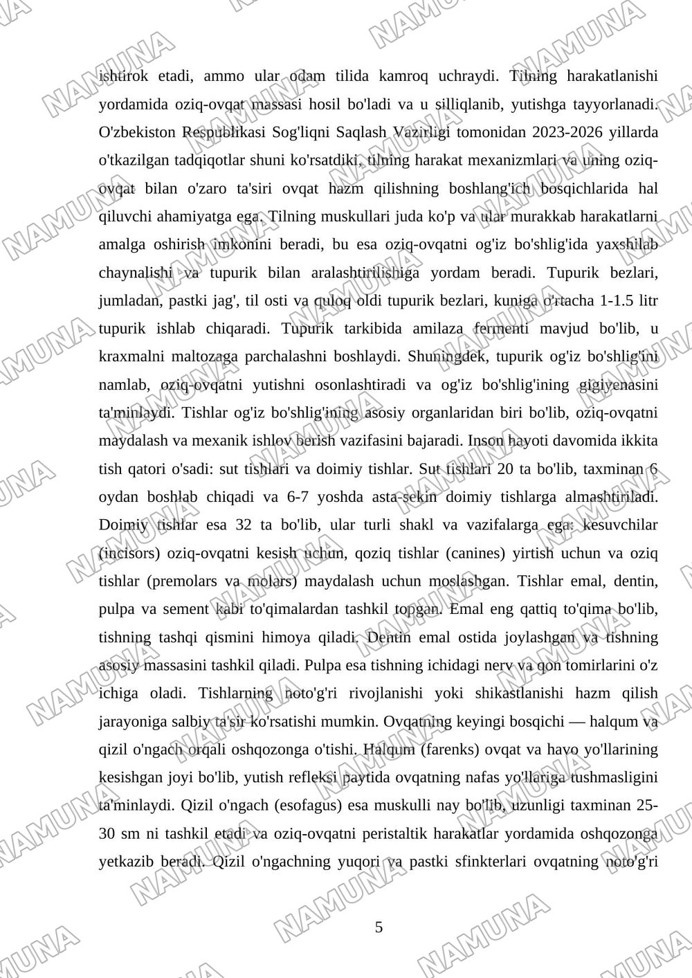 Хазм тизими . Оғиз бўшлиғи . Тил тузилиши сўрғичлари. Сўлак безлари таснифи , тузилиши .Тишлар. Тиш тузилиши ва тараққиёти . Муртак ва қизилўнгач тузилиши. — mustaqil ish, 5-varaq