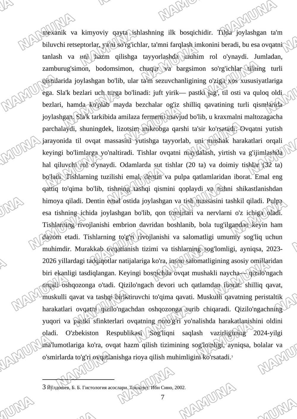 Хазм тизими . Оғиз бўшлиғи . Тил тузилиши сўрғичлари. Сўлак безлари таснифи , тузилиши .Тишлар. Тиш тузилиши ва тараққиёти . Муртак ва қизилўнгач тузилиши. — mustaqil ish, 7-varaq