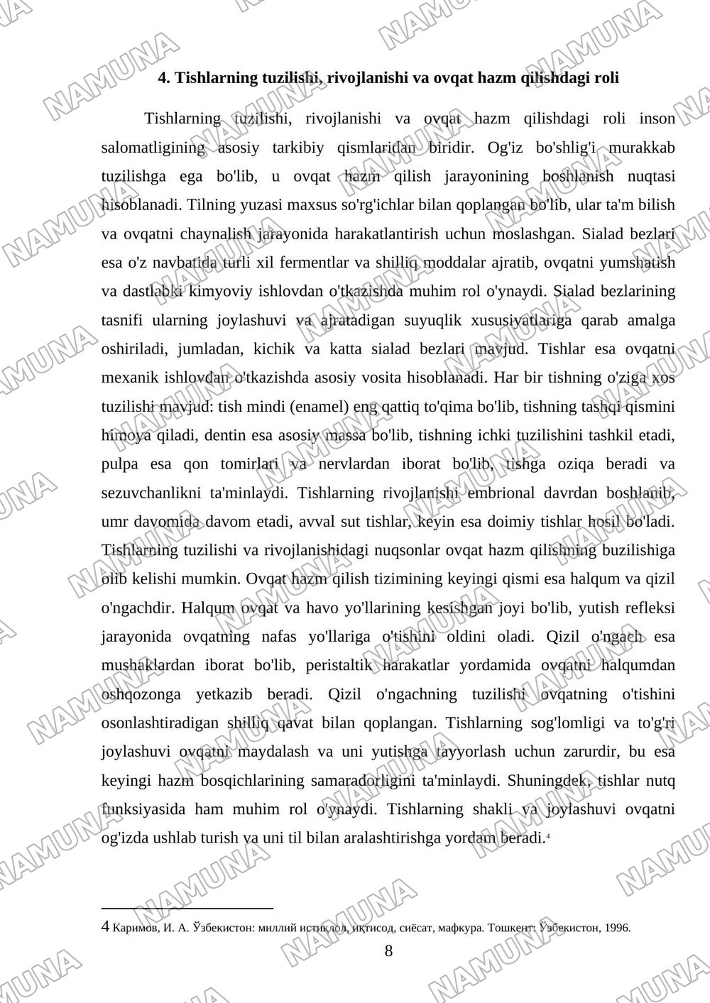 Хазм тизими . Оғиз бўшлиғи . Тил тузилиши сўрғичлари. Сўлак безлари таснифи , тузилиши .Тишлар. Тиш тузилиши ва тараққиёти . Муртак ва қизилўнгач тузилиши. — mustaqil ish, 8-varaq