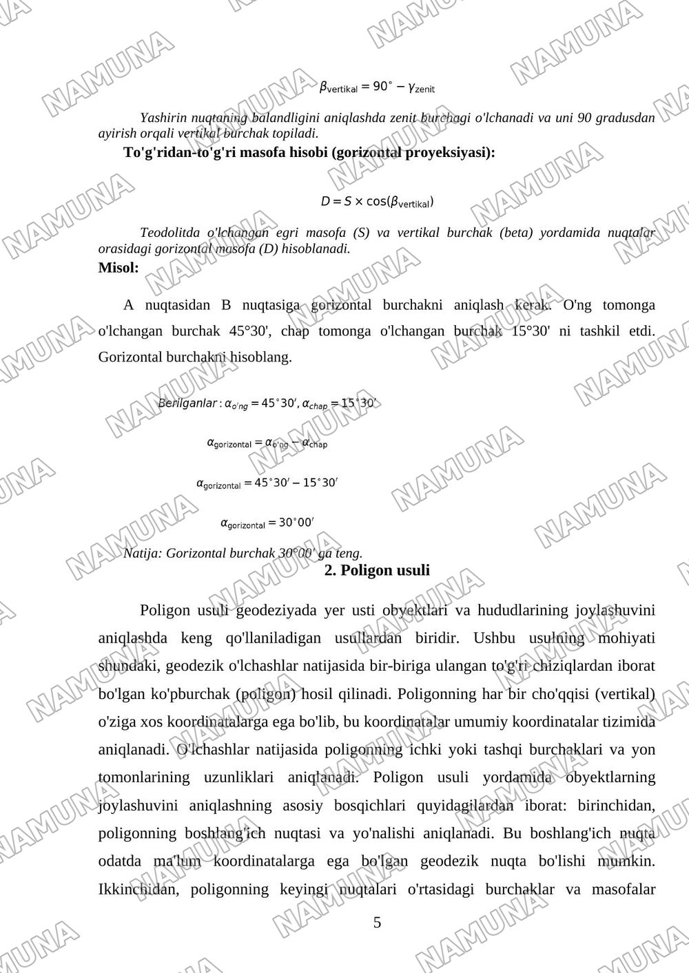Teadolit poligon kordinatalar yusasini — referat, 5-varaq