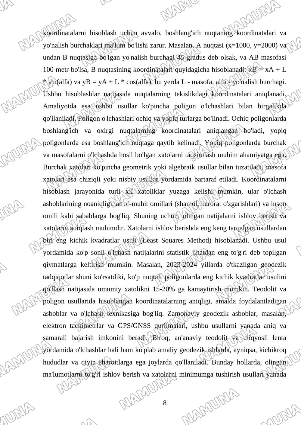 Teadolit poligon kordinatalar yusasini — referat, 8-varaq