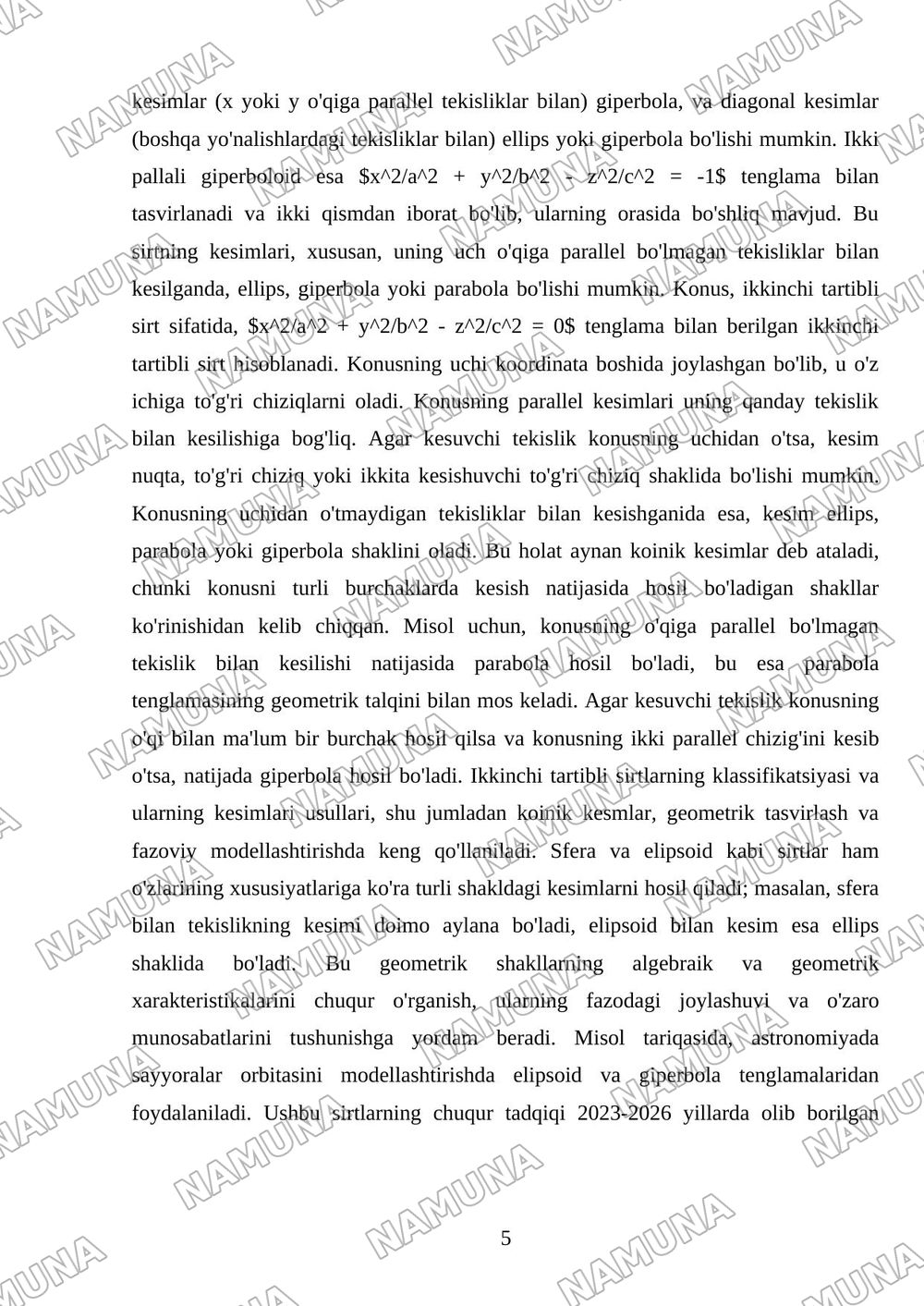 Ikkinchi tartibli sirtlar; sfera, elipsoid, giperboloid, konus, paraboloid, ularning shakllarini parallel kesimlar usulida tekshirish, koinik kesmlar — mustaqil ish, 5-varaq