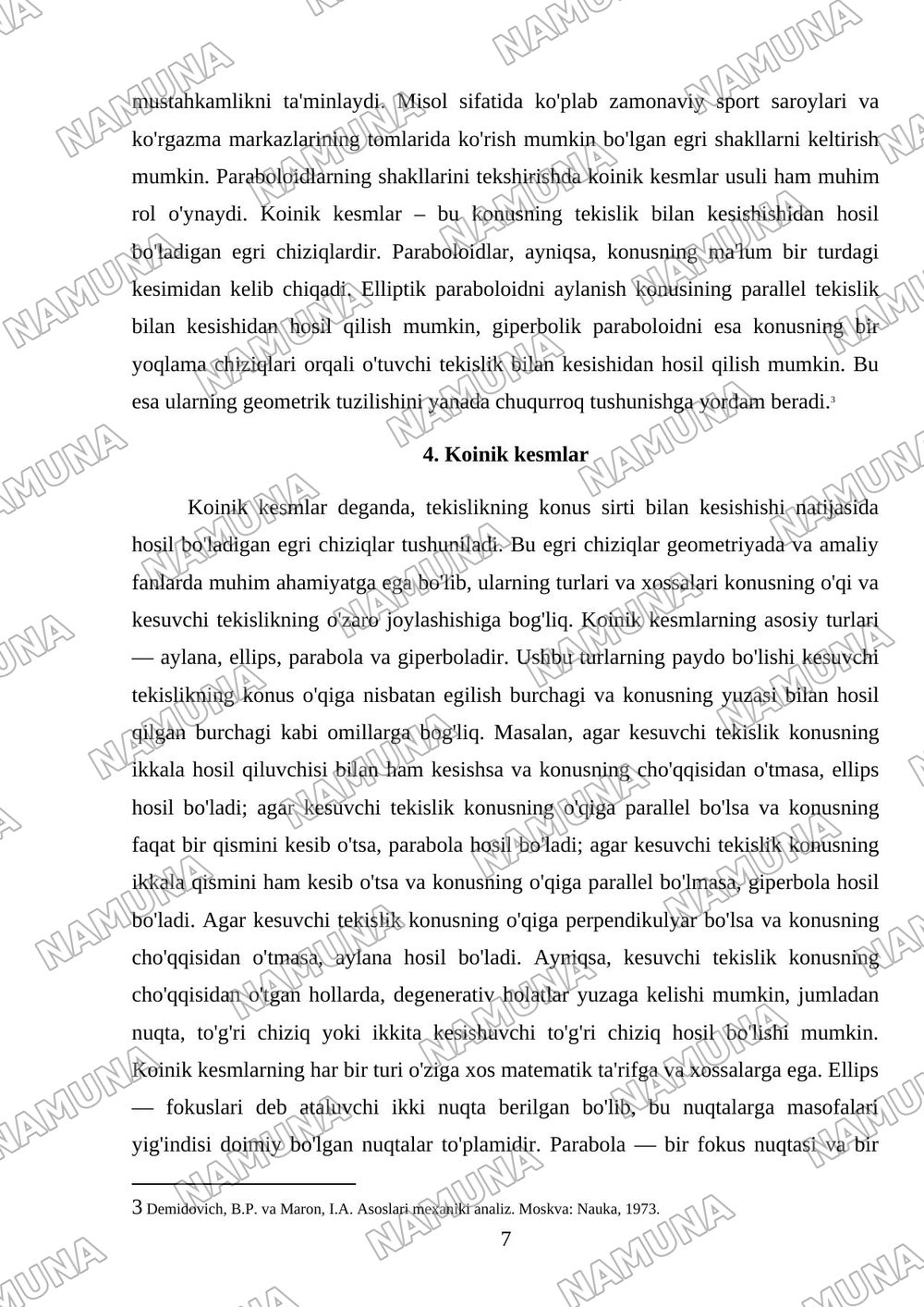 Ikkinchi tartibli sirtlar; sfera, elipsoid, giperboloid, konus, paraboloid, ularning shakllarini parallel kesimlar usulida tekshirish, koinik kesmlar — mustaqil ish, 7-varaq